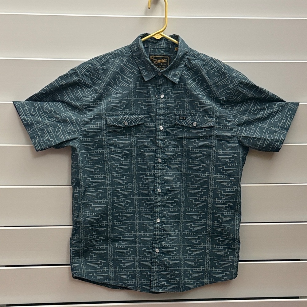 Howler Brothers Teal Geometric Pearl Snap Down Shirt
